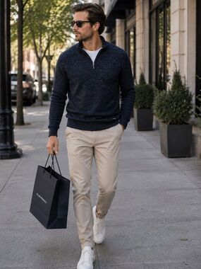 Dark Blue Zip-Up Thin Knit Sweater